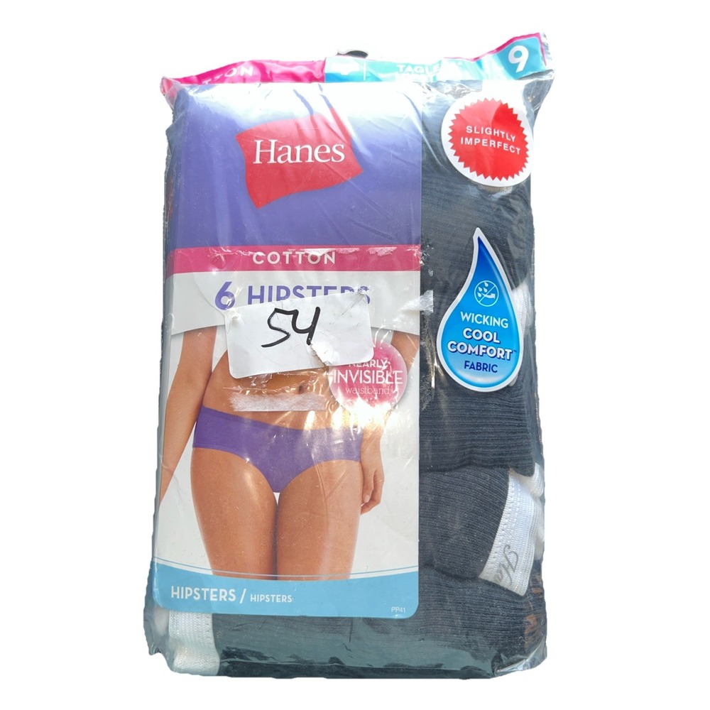 Hanes Cotton Comfort Cool Soft Hipsters 6 Pack Black Tagless Women's Size 9 NWT